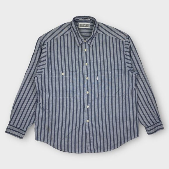 VINTAGE 70s Levis Shirt Mens Extra Large Blue Striped Silver Label Big E Western - Picture 2 of 16